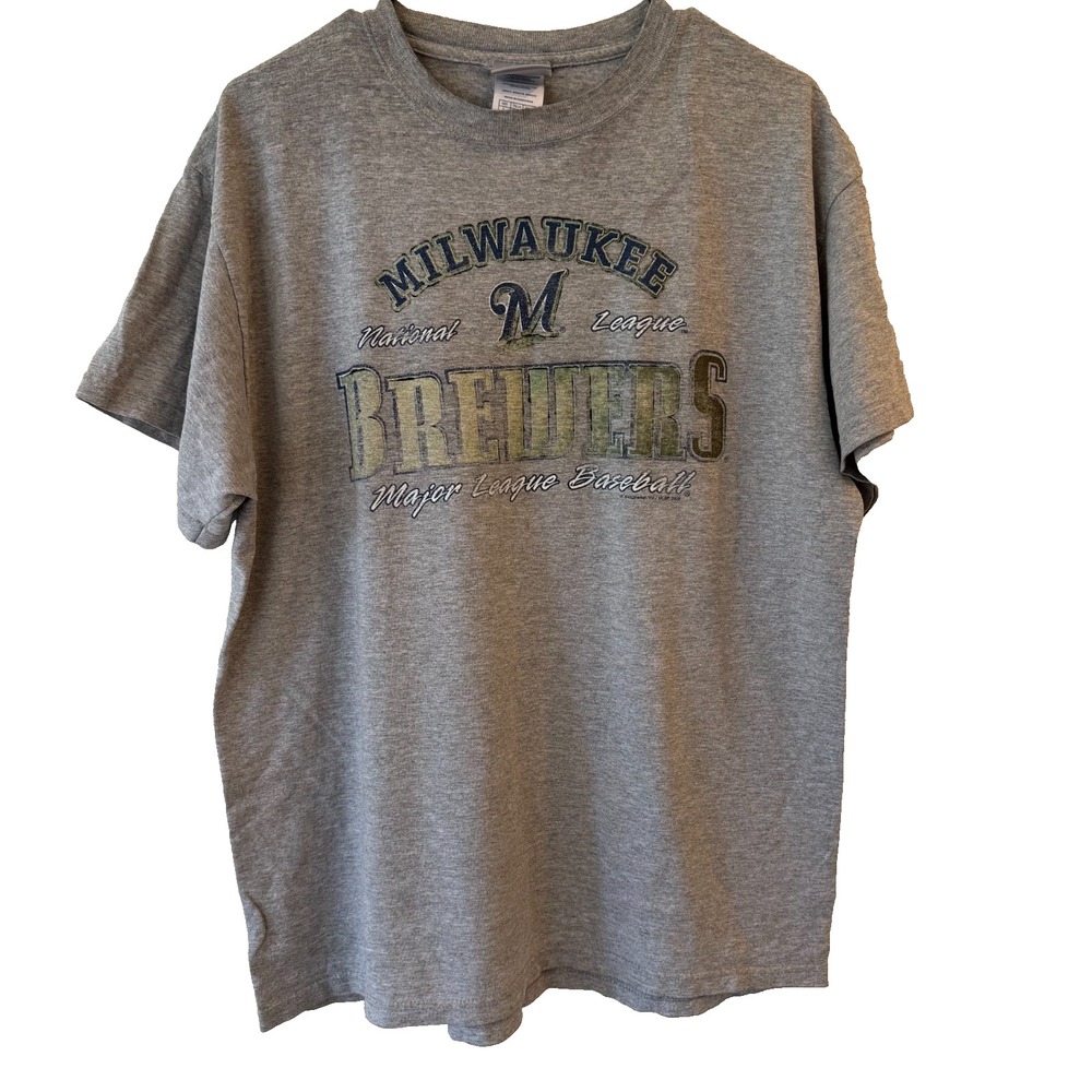 MLB Milwaukee Brewers T-Shirt Mens Large Gray Graphic Short Sleeve Baseball Tee